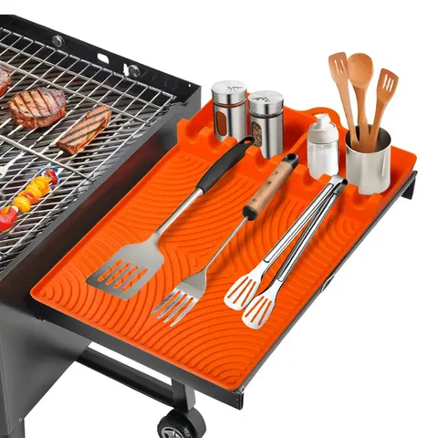 Orange Silicone Griddle Mat with Drip Pad - Heat Resistant Barbecue Accessories & Utensils, 16x11.5" Large Surface Side Shelf Grill Pad, Jar & Ladle Holder (From Spatula to Jar, 1 Mat Adapts) for Outdoor Cooking & Kitchen Countertop Use