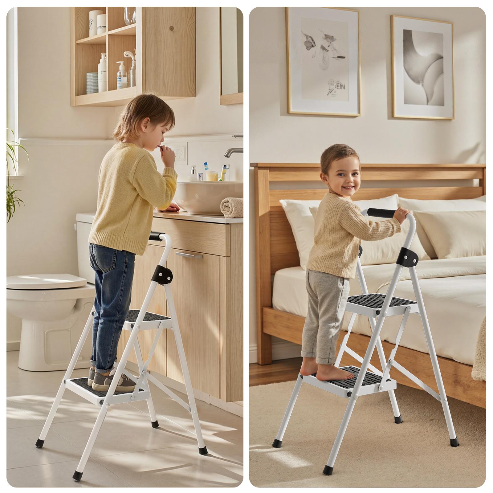Flycity  2-step ladder, 2-step stool, adult folding step stool, with soft padded handle, wide anti-slip platform with ergonomic design. Adult portable step stool, multi-purpose for home, kitchen, office.