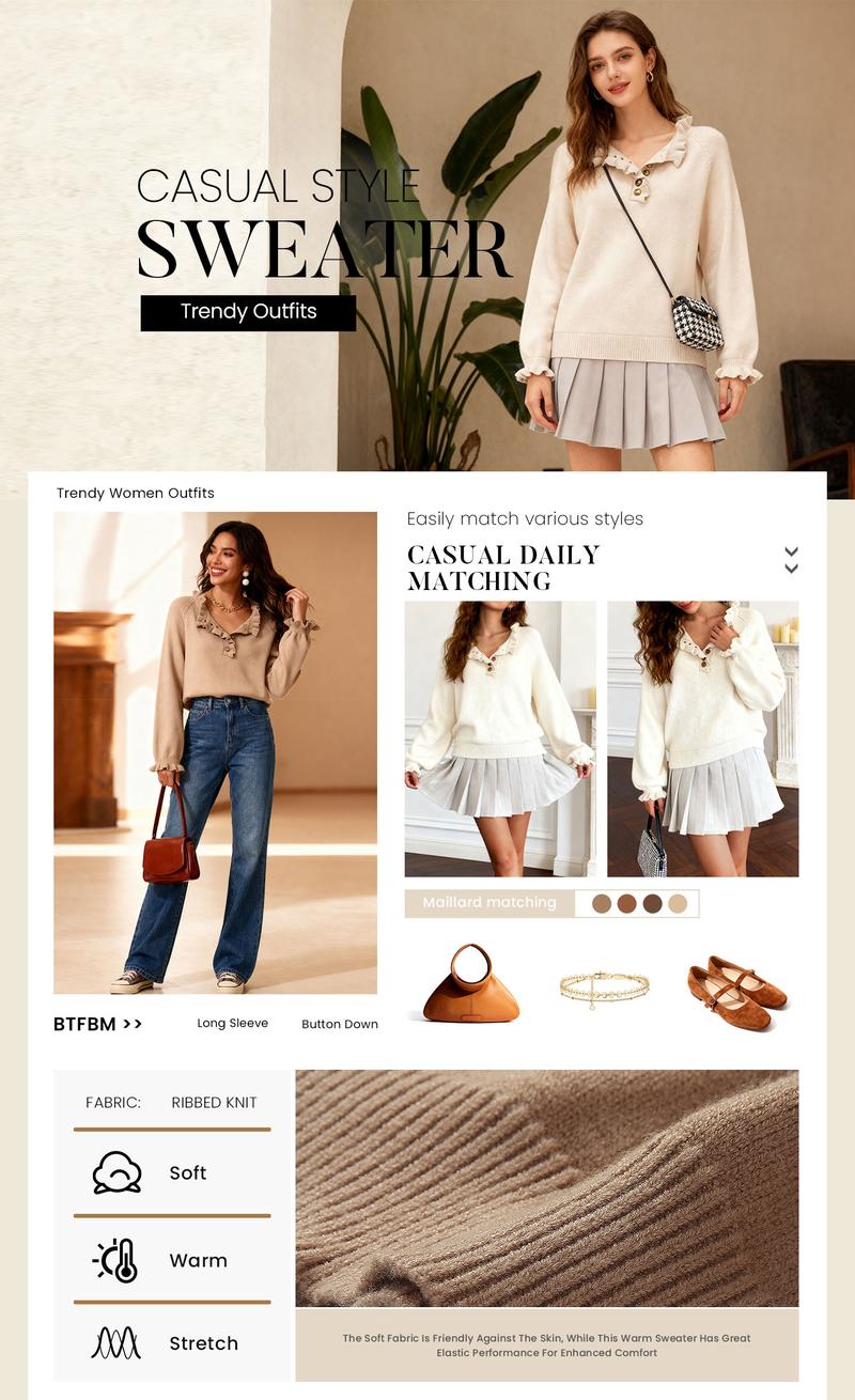 BTFBM Women's Knit Pullover Sweater Tops - Casual Long Sleeve Button Down Crew Neck Ruffle Solid Color Striped - Knitwear, Womenswear