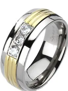 Men's Women's Solid Titanium Gold Plated Grooved Center Triple CZ Band Ring 6-13