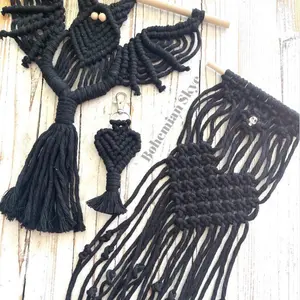 Macrame black heart keychain, bat, heart wall hanging, dark valentines gift, dark Galentines day gift