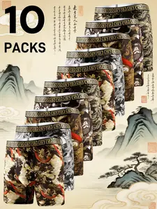 10-piece Men's All Over Print Boxer Briefs, Fashionable Printed, Soft And Comfortable, Lightweight, Unique Personality, Beach Play, No Repeat Five Days A Week, Men's Underwear, Gifts for Adult Men & Teens