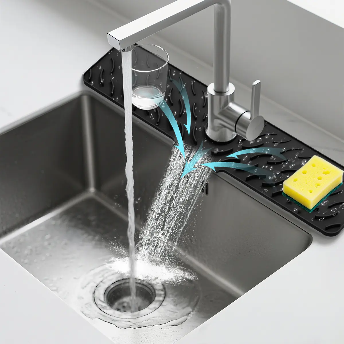 24-Inch Extra Long Silicone Splash Guard Mat for Kitchen/Bath, 5-Degree Sloped Self-Drains Cleaning Pad with Precision Pre-Cut Hole, Waterproof Countertop Mat for Sink & Vanity, Rectangular, Bathroom Vanity Countertop, Blocks Liquid Penetration