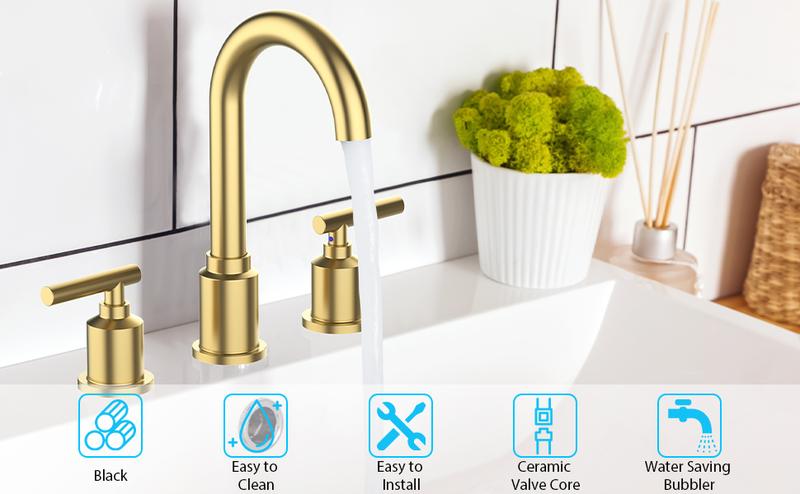Garvee Brushed Gold Widespread Bathroom Sink Faucet, 8 Inch Modern Bathroom Faucet for 3 Hole Sink with Stainless Steel Pop-up Drain, Stylish and Durable for Your Bathroom
