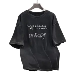 Simple Retro Black Casual T-Shirt Printed with Inspiring Happiness and Positivity Quote