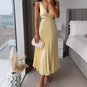 2025 Summer Temperament Elegant V-neck Sleeveless Hollow Backless Pleated Dress Backless Satin A- Line Camisole Dress Womenswear Formal Fitted Workwear Basic Minimalist Yellow Fashion Casual