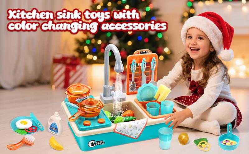 CUTE STONE Color Changing Kitchen Sink Toys Heat Sensitive Electric Dishwasher Playing Toy with Running Water, Automatic Water Cycle System Valentine's Day Gifts