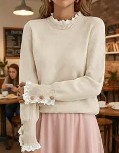 SHEER US New lace sweater Women's Coquette Knitted Sweater with Lace Trim  babydoll tops for 2026 Womenswear Longsleeves Knitting Crewneck