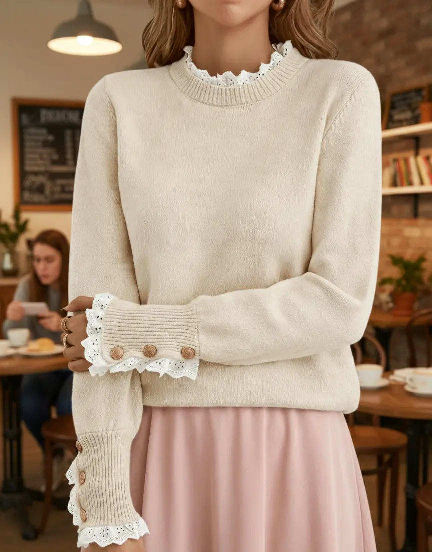 yukari Women's Sheer Lace Long Sleeve Sweater, Casual Crew Neck Babydoll Knit Top with a Comfortable Loose Fit, Longsleeves