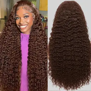 Bling Hair Chocolate Brown Deep Wave Frontal Wigs 13X6 13x4 HD Lace Frontal Human Hair Wig 30 32 Inch Deep Wave #4 #33 Colored Wig Remy 180 Density For Women