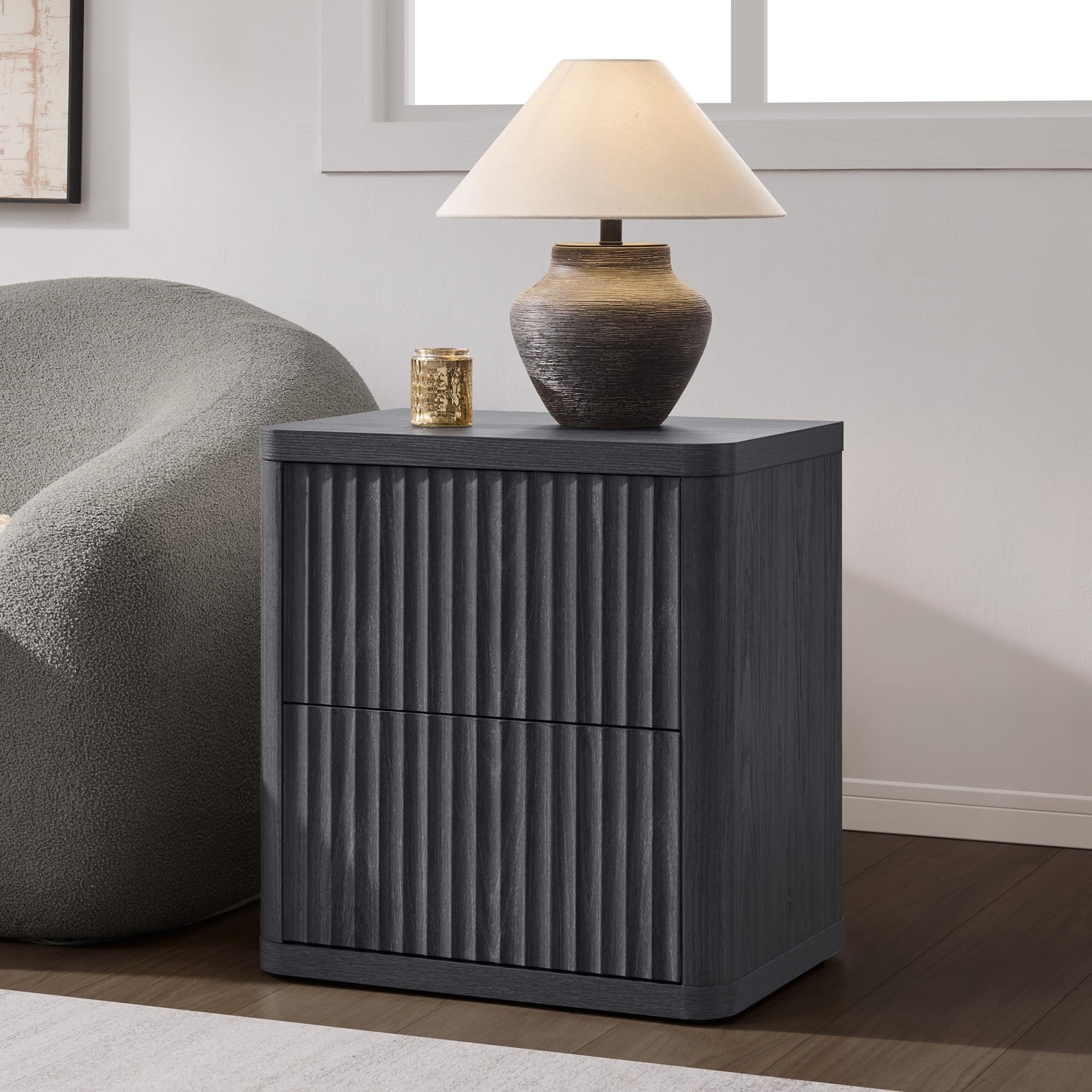 SICOTAS Set of 2 Nightstands, Fluted Modern Bedside Tables with 2 Large Handless Drawers - 22.75" Wide Small End Tables, Curved Edge Design for Bedroom & Living Room SICOTAS Set of 2 Nightstands, Fluted Modern Bedside Tables with 2 Large Handless Drawers - 22.75" Wide Small End Tables, Curved Edge Design for Bedroom & Living Room