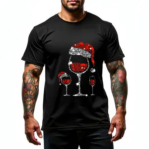Holiday Cotton T-shirt Christmas Wine Glass Pattern Short Sleeve Top Santa Hat Snowflake Design Soft Stretch Fabric Machine Washable Ladies Christmas Clothes Festive Outfit Comfortable Fit Graphic Tee Shoppers