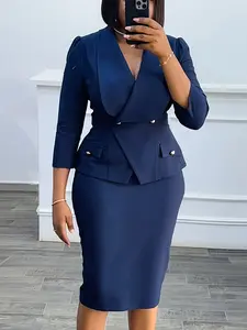 Chic Professional Dress with V-Neck Full Sleeves Button Details Elegant Office Wear Midi Length Bodycon Fit - Fabric