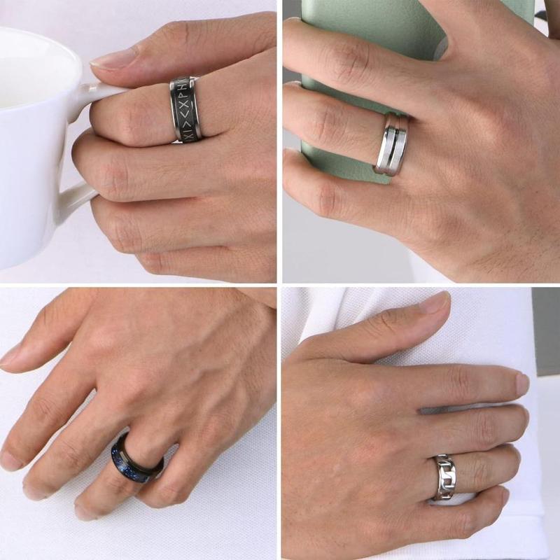 MILACOLATO 12PCS Stainless Steel Band Rings for Men Women Fidget Spinning Chain Ring Anxiety Relief Fashion Simple Black Ring Set Sizes 7-13 Daily Wear