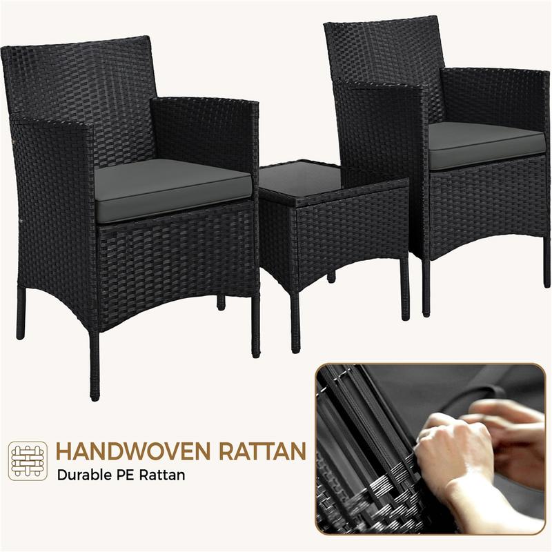 Costoffs 3-Piece Rattan Furniture Set, Outdoor Wicker Patio Conversation Furniture Set, 2-Piece Woven Rattan Chairs with Cushions & 1 Side Table for Bistro/Porch/Garden/Deck/Courtyard