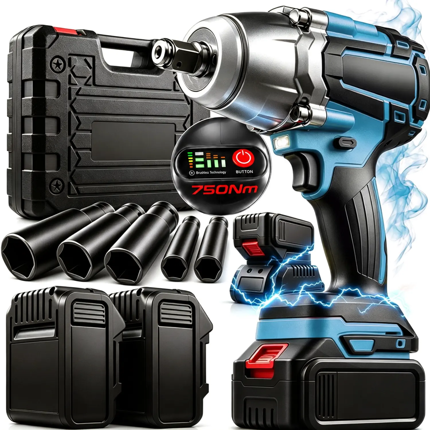 750N.M High Torque Brushless Cordless Impact Wrench 1/2 Inch, 4-in-1 Electric Impact Gun Kit with 2x Batteries, Complete Accessories & Storage Case, Power Tool for Car Lug Nut Removal & Household Construction, Fit Modified Vehicles