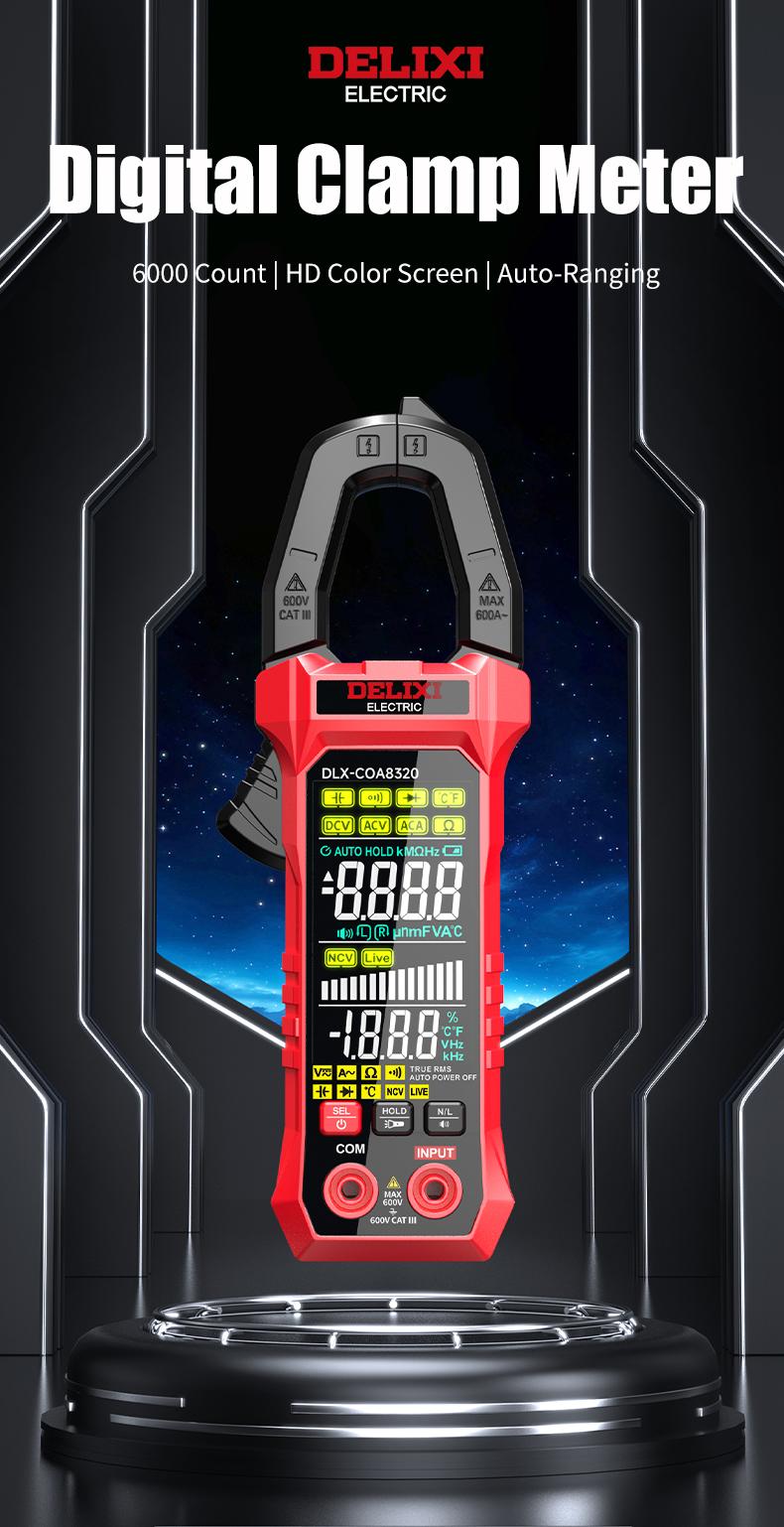DELIXI Clamp Meter Multimeter 6000 Count Auto Amp Clamp Meter, True-RMS Voltmeter Voltage Tester, Auto Ranging AC/DC Voltage & AC Current, Non-Contact Voltage Testing, Temperature Continuity Resistance Diode Measurement with Storage Bag