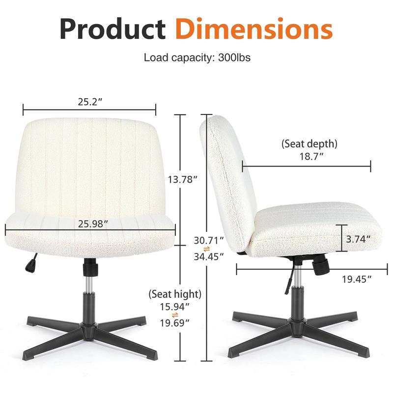 Armless Swivel Office Desk Chair with Criss Cross Chair Legs - Height Adjustable Wide Seat Computer Task Chair for Home Office, Fabric Vanity Chair