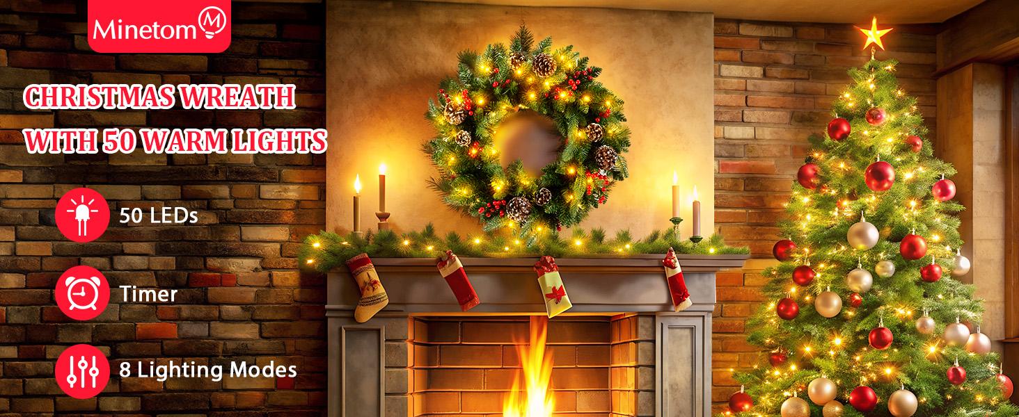 24 Inch Prelit Christmas Wreath, Artificial Christmas Wreath for Front Door with LED Lights, Pine Cones, Pine Needles, and Red Berries, Reef for Door Window Mantel Indoor/Outdoor Home Decoration