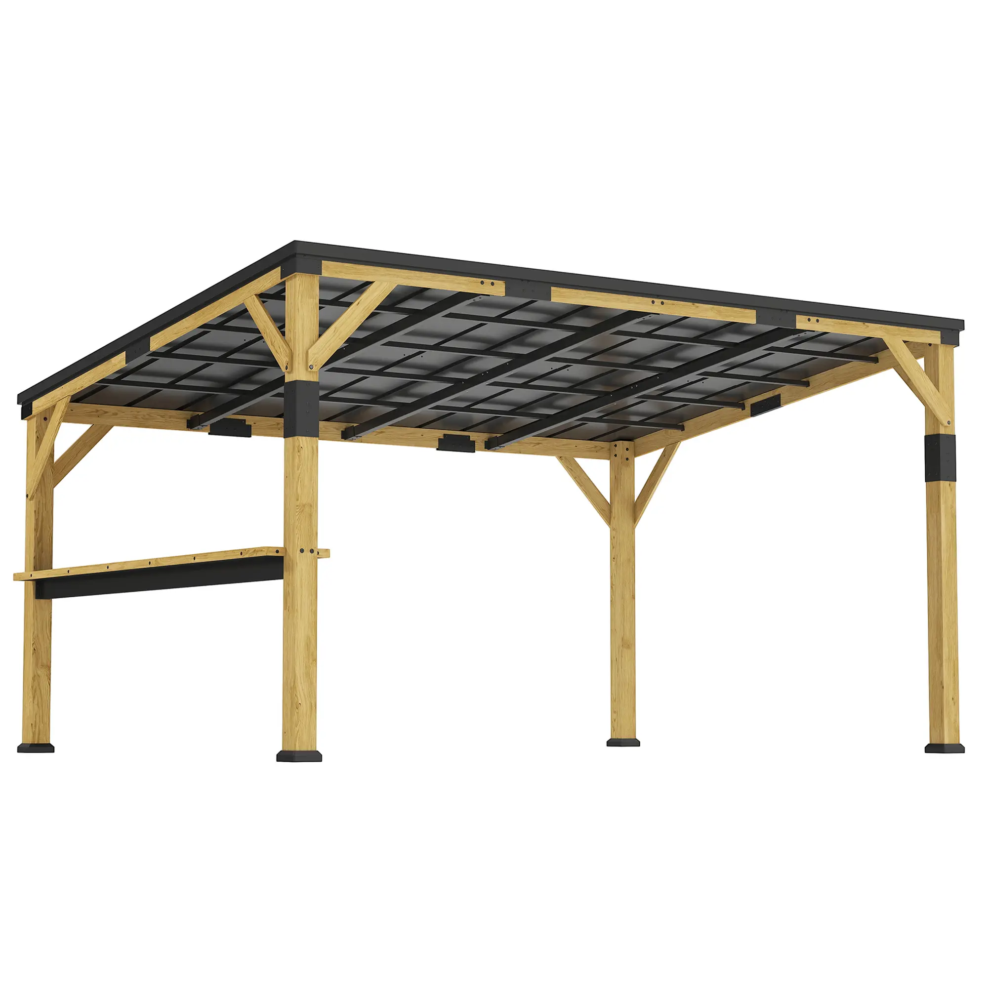 Outsunny 14'x10' Rectangle Wooden Hardtop Lean-to Gazebo Pergola, Corrosion-Resistant Galvanized Steel Sloped Roof, Formaldehyde-Free, Built-in Bar Shelf, Heavy-Duty UV Prevention, Festive Outdoor Patio Use, for Grilling & Cookout, Natural Wood