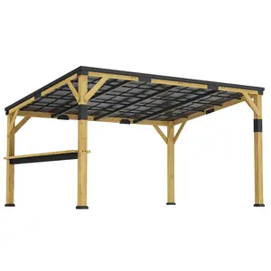 Outsunny 10' x 14' Wooden Gazebo, Hardtop Lean-to Gazebo Pergola with Galvanized Steel Sloped Roof, Bar Shelf, Large Heavy Duty Awning for Patio, Deck, Backyard, Natural Wood