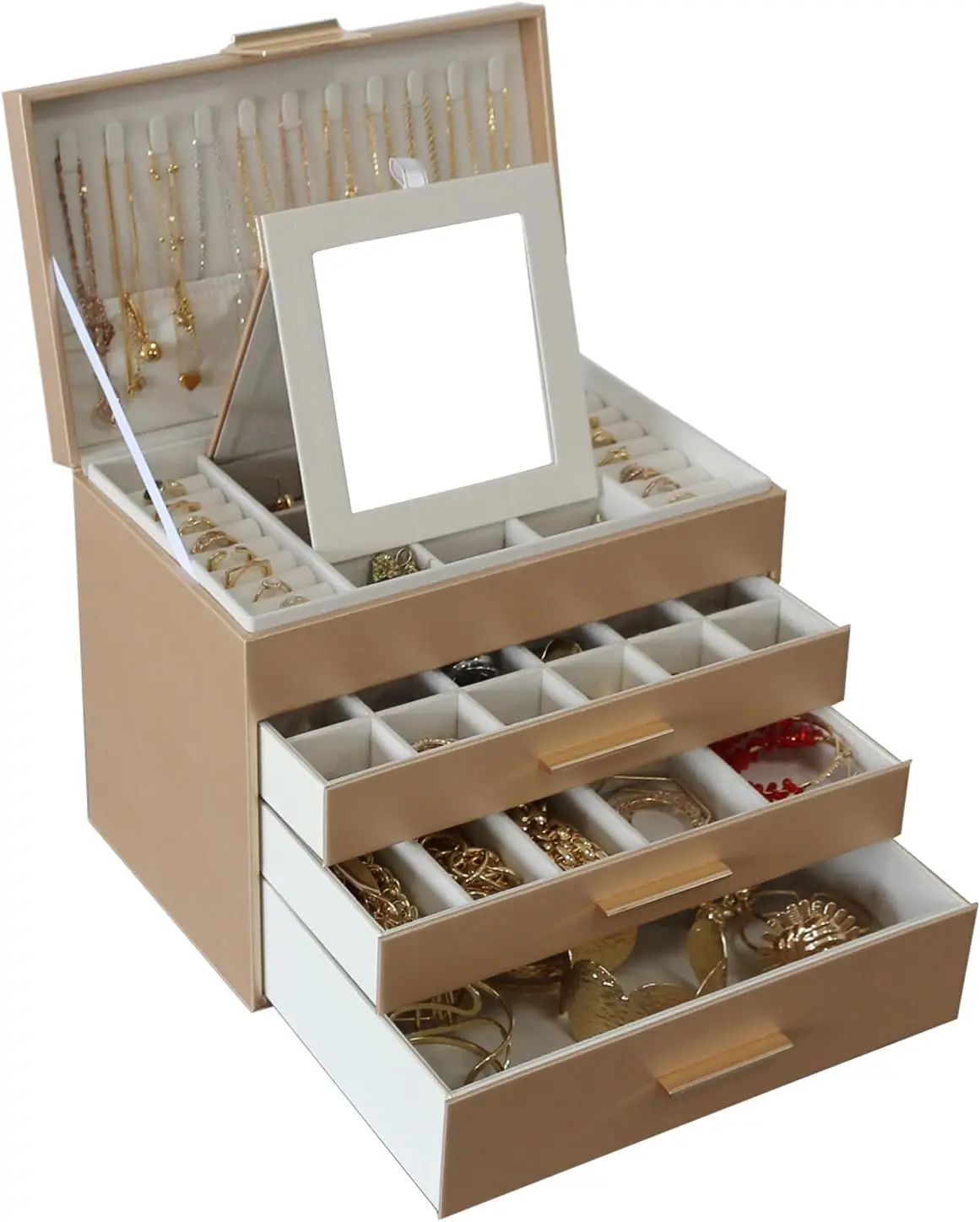 BOOVO（Champagne Gold）Jewelry Organizer Boxes , 4 Layer Jewelry Organizer with Necklace Hanger and Drawers,Jewelry Storage Case Large Jewelry Box for Earrings, Necklace and Bracelet Storage Gifts for Women and Girls