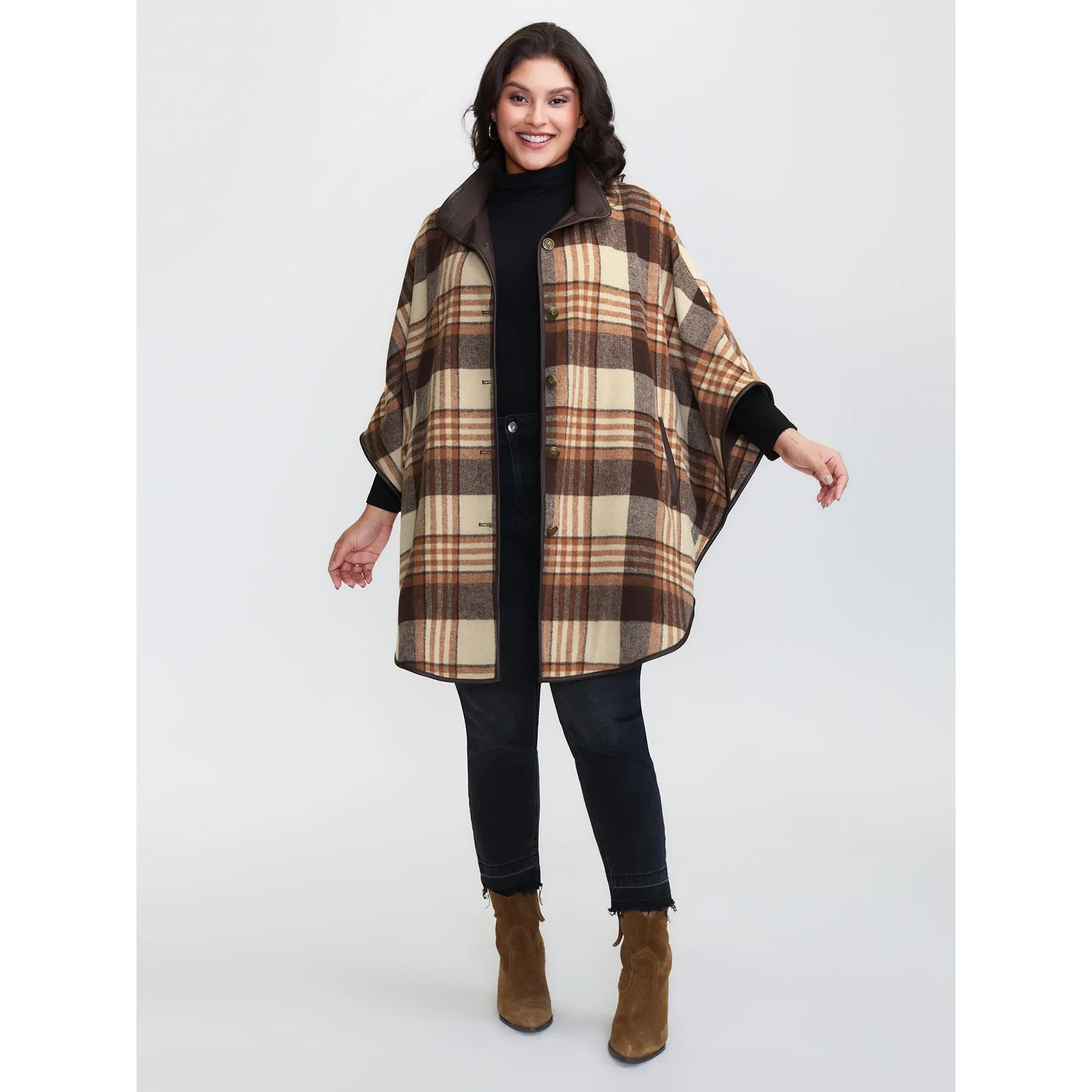【Pocket Approved 】Bloomchic Plaid Print Collar Pockets Coat 2026 Spring Break Gift For Easter's Day Mother's Day