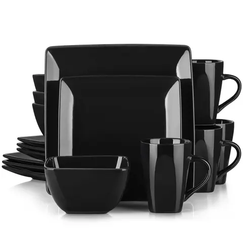 vancasso Soho Black Stoneware Dinner Set - 16-Piece Ceramic Tableware Service for 4, Includes Dinner Plates, Bowls, Mugs, Modern Home Decor, BPA-Free, Eco-Nontoxic, Multi-Safe Oven-Safe Kitchenware