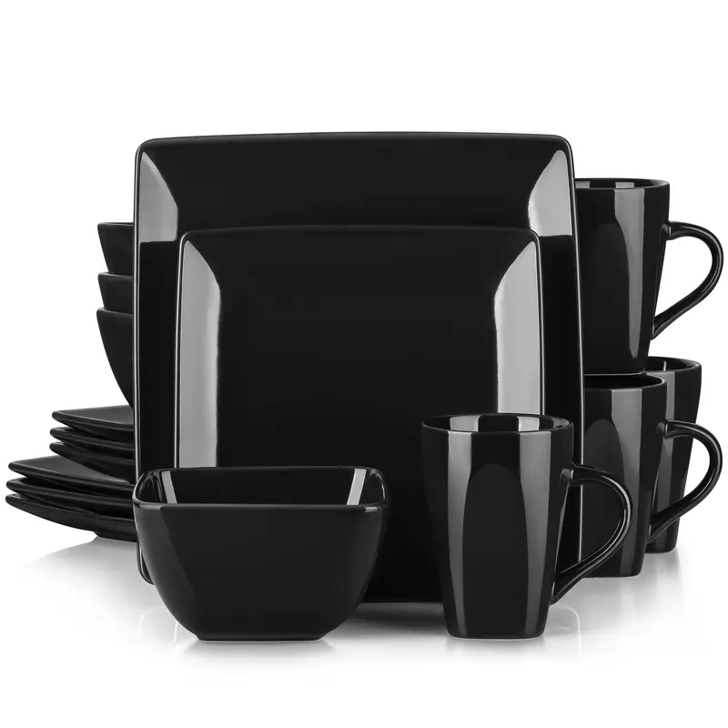 vancasso Soho Black Stoneware Dinner Set - 16-Piece Ceramic Tableware Service for 4, Includes Dinner Plates, Bowls, Mugs, Modern Home Decor, BPA-Free, Eco-Nontoxic, Multi-Safe Oven-Safe Kitchenware