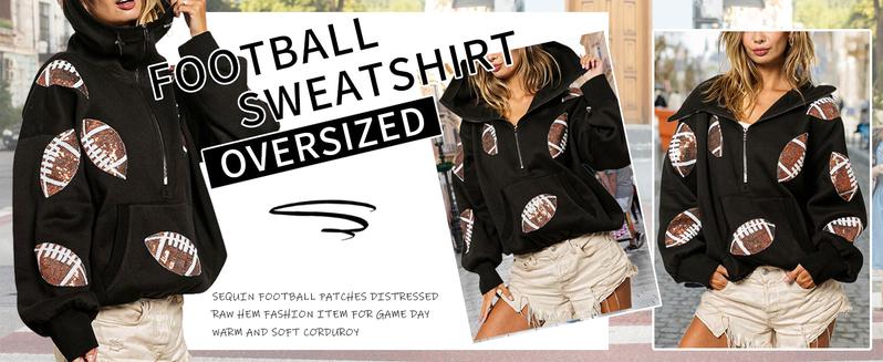 UANEO Women's Game Day Sequin Hoodie Football Pullover Casual Long Sleeve Zipper Sweater with Front Pocket Black Cotton Tops