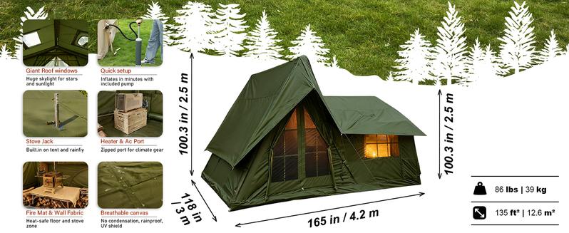 SENLEETO 4-Season Inflatable Family Tent AC Ready with Stove Jack Windproof Oxford Fabric Camping Pump for 8-10 People Spacious Two-Room Layout Foldable Electric Scooter Seat and Storage Stadium Back Support Port Heavy Duty Double Layer Cot Chair Cooler B