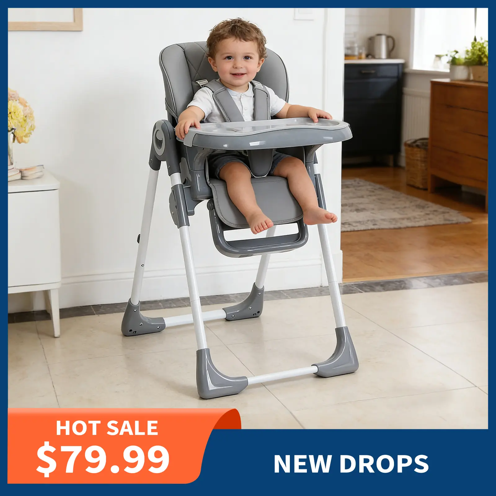 【BacktoSchool】GARVEE High Chair for Babies and Toddlers, Modern, Foldable, and Portable Toddler Dining Chair with Adjustable Height, Reclining Seat, Easy-Clean PU Leather, and Removable Tray, Dark Grey, Infant High Chair,back to school