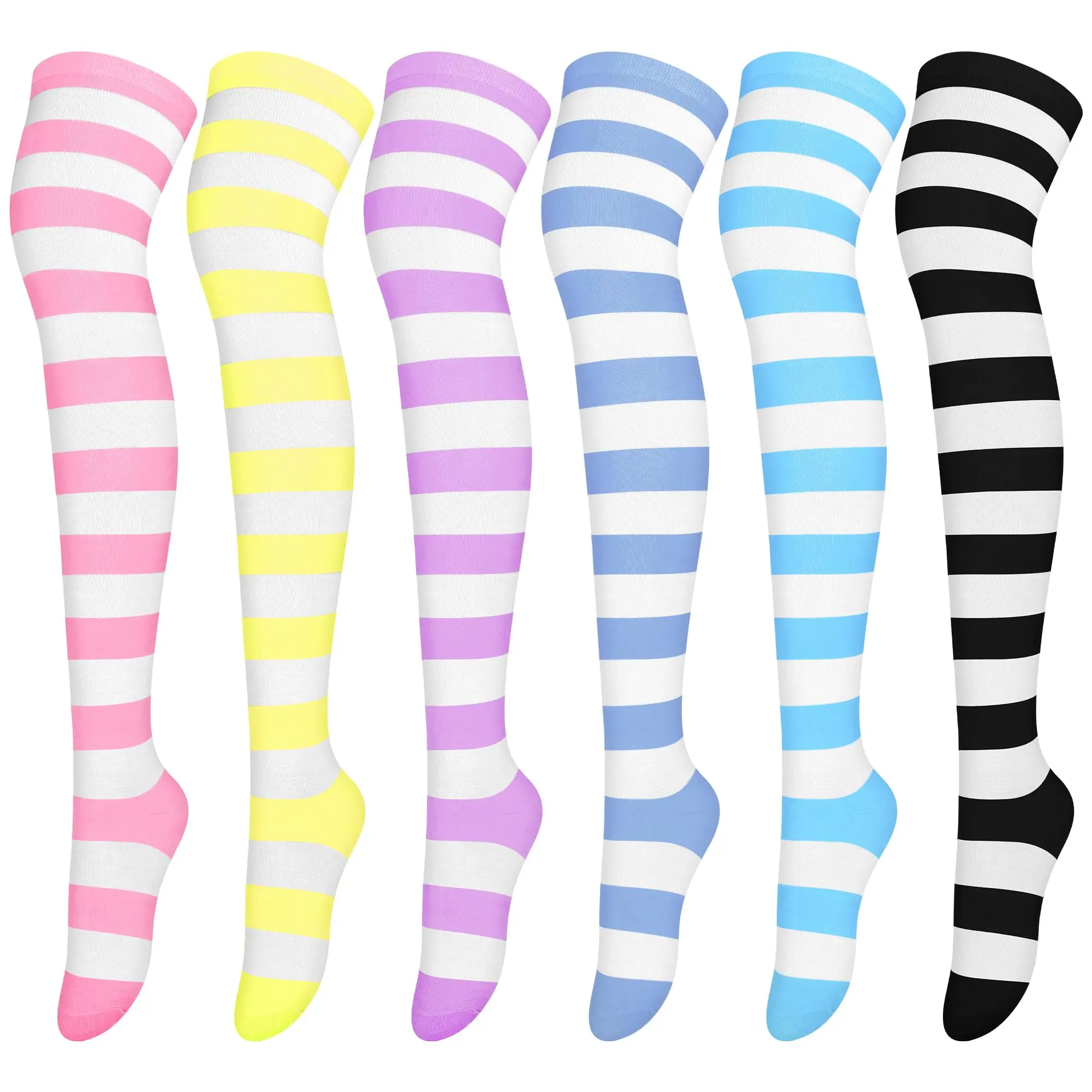 6 Pairs Thigh High Socks Over Knee High Stockings Extra Long Leg Warmers for Women Daily Wear,Cosplay,Mixed Candy Color Stripes,One Size,Halloween Christmas Party Fathersdaygift,Hand Tools Kits