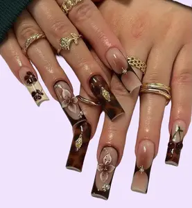 Aura Nails - Custom 3D Tortoiseshell Press-On Nails | Fun Space and Floral Details | Hand-Painted Brown and Gold Nails with Cherry Details