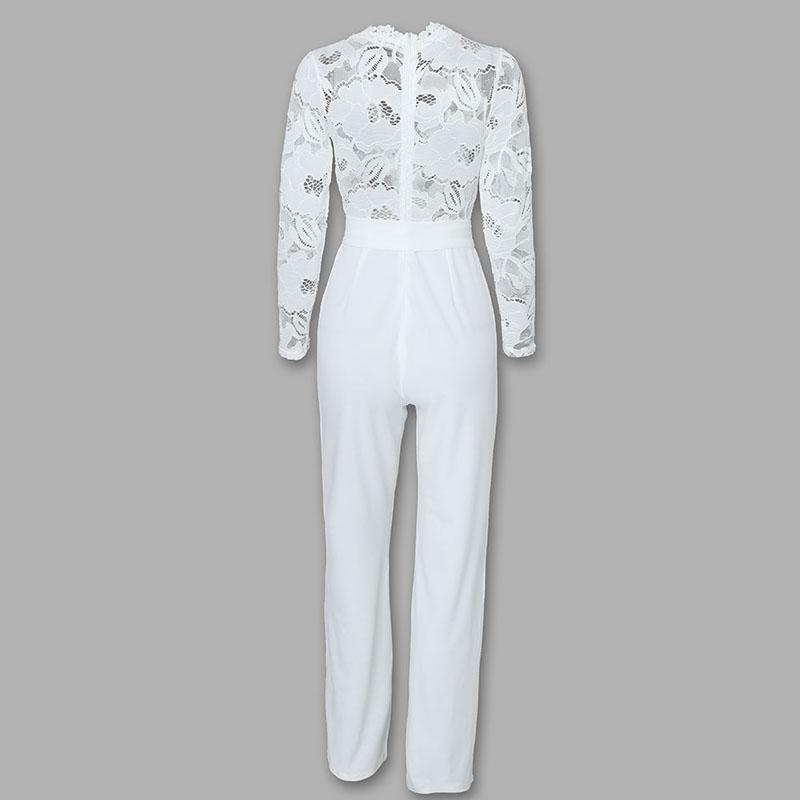 ChicMe Crochet Lace Trim Deep V-Neck Valentine's Day Floral Lace Spliced Overalls Casual Zipper Back Seam Front Jumpsuit with Belt for Wedding & Wedding Guest ChicMe Crochet Lace Trim Deep V-Neck Valentine's Day Floral Lace Spliced Overalls Casual Zipper Back Seam Front Jumpsuit with Belt for Wedding & Wedding Guest