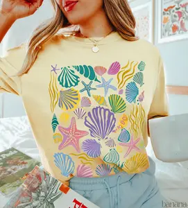 Comfort Colors Vintage Seashells Tshirt, Cotton Cottagecore Aesthetic Tshirt, Nautical Tee Ocean Swimsuit Coverup Oversized Coastal Surf Tshirt