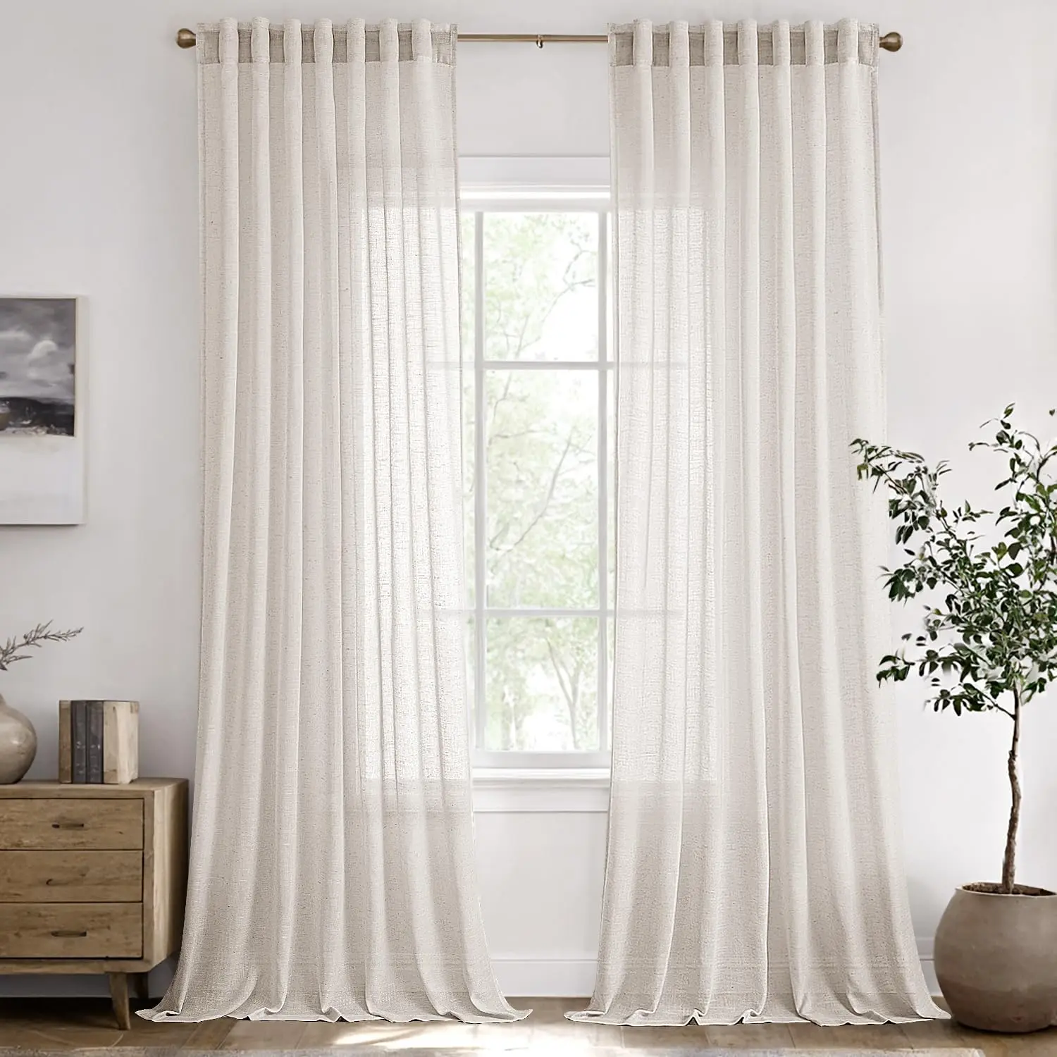 Natural Ivory Solid Cream Curtains, 2 Panels 84 in Length, Light Filtering Semi Sheer Back Tab Drapes for Living Room, Bedroom Decor, Rustic Farmhouse Neutral Textiles