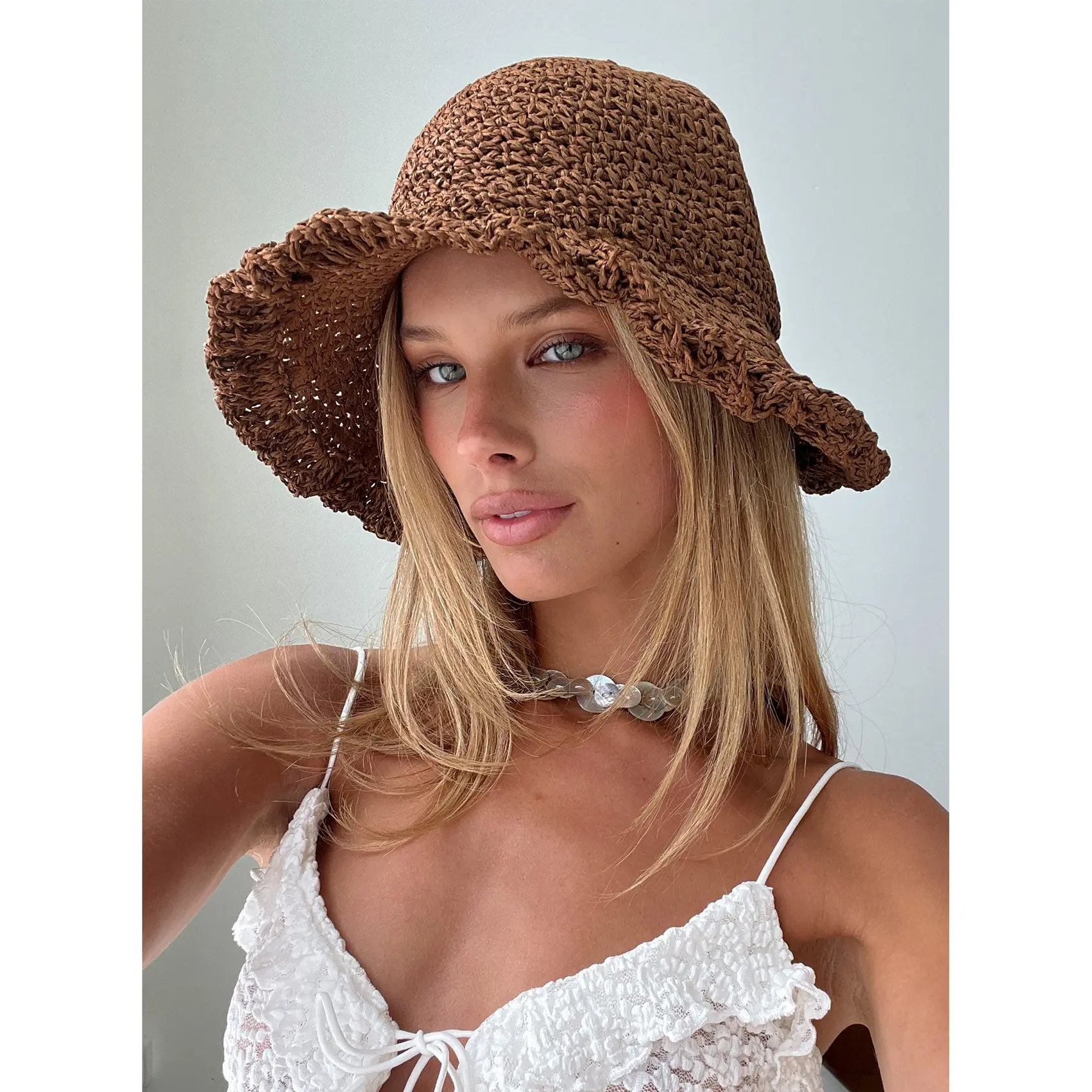 Dawnette Frill Detail Woven Hat Brown