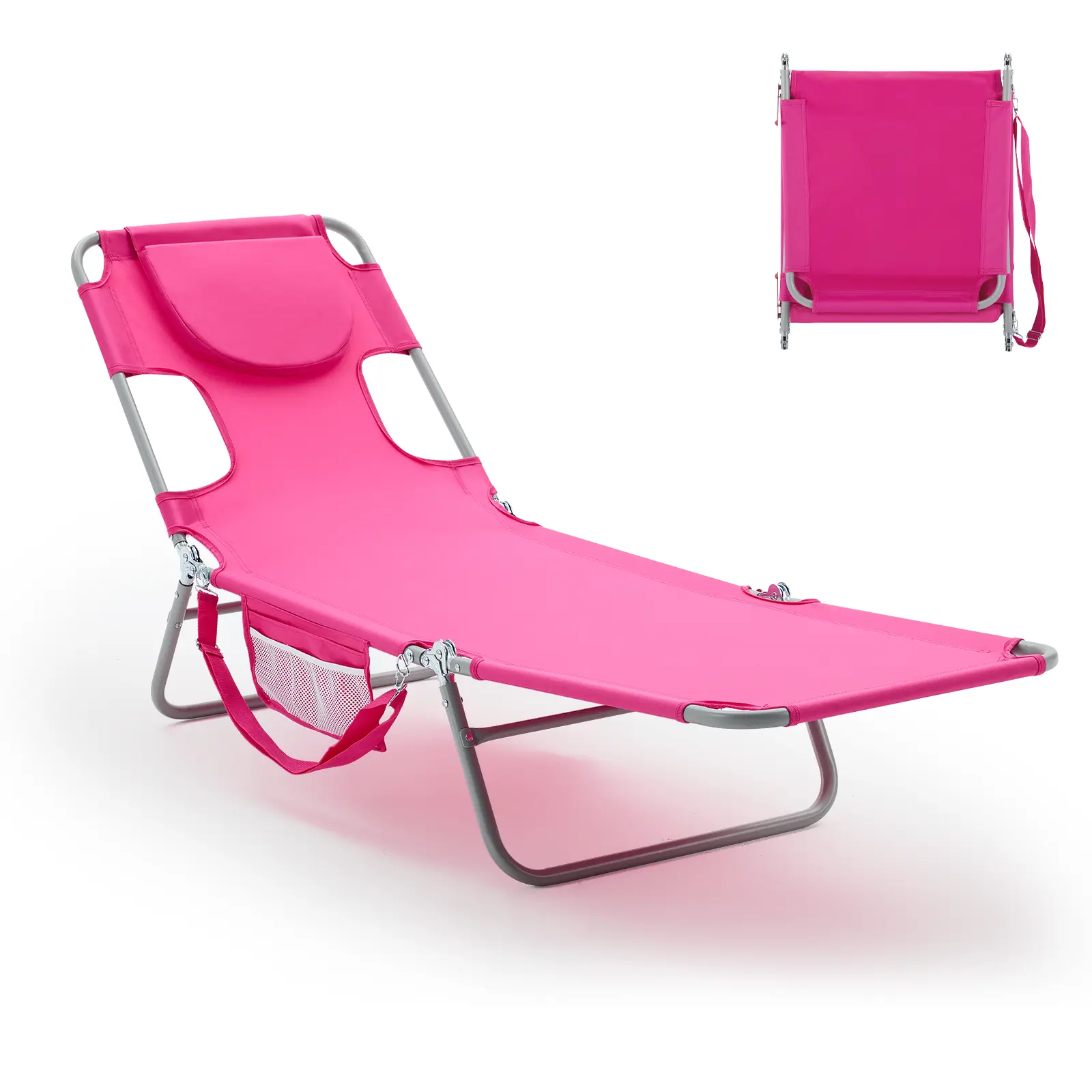 Adjustable Folding Chaise Lounge Chair, Portable Outdoor Reclining Chair with Backpack Straps and Side Pocket, Beach Patio Poolside Lawn Lounger