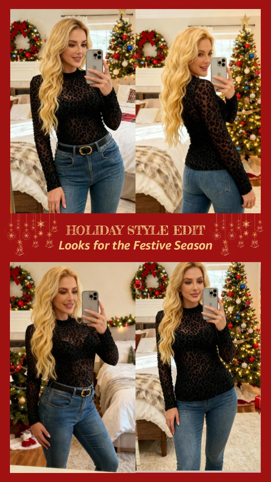 Chicovar Womens LeopardPrint Mock Neck Mesh Top, SexySheer Tshirt, Non-itchy Lace Shirt,Elegant Long Sleeve Shirt for AllSeasons, ldeal for Night Out,Holidays, Party, Concert