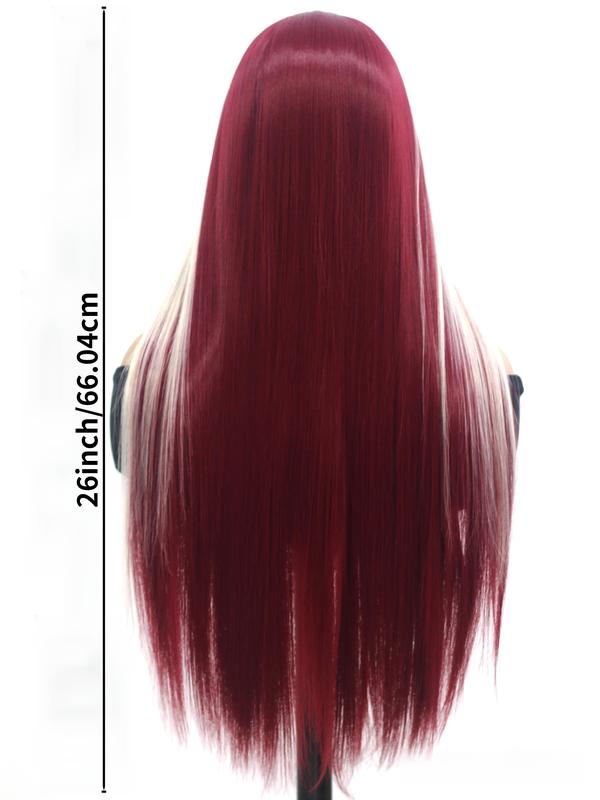 13x4 Long Red And Blonde Straight Lace Front Wigs Wine Red And Honey Blonde Skunk Stripe Wigs Middle Parting Heat Resistant Fiber Hair For Women 26 Inch, Lace Glueless Wig