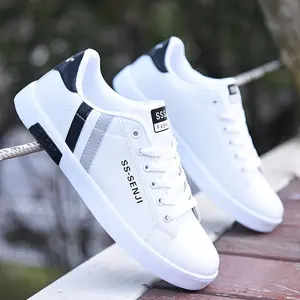 1pcMen's White PU Sneakers - Breathable, Non-Slip, Low Top Lace-up Casual Shoes for All-Season Wear1Piece Runner Training