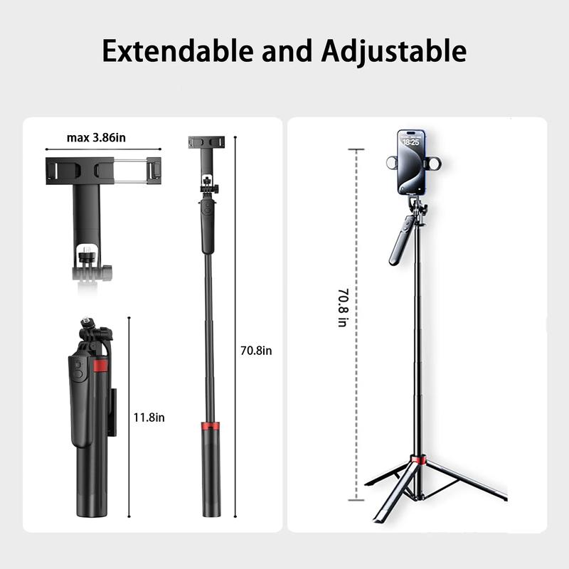 TIKBBRMG Phone Tripod and Selfie Stick 70.8In Extendable Phone Stand with Light with Wireless Remote Rotatable Grip for Travel/Selfie/Recording/Vlogging, Compatible with Iphone/Android (Black)