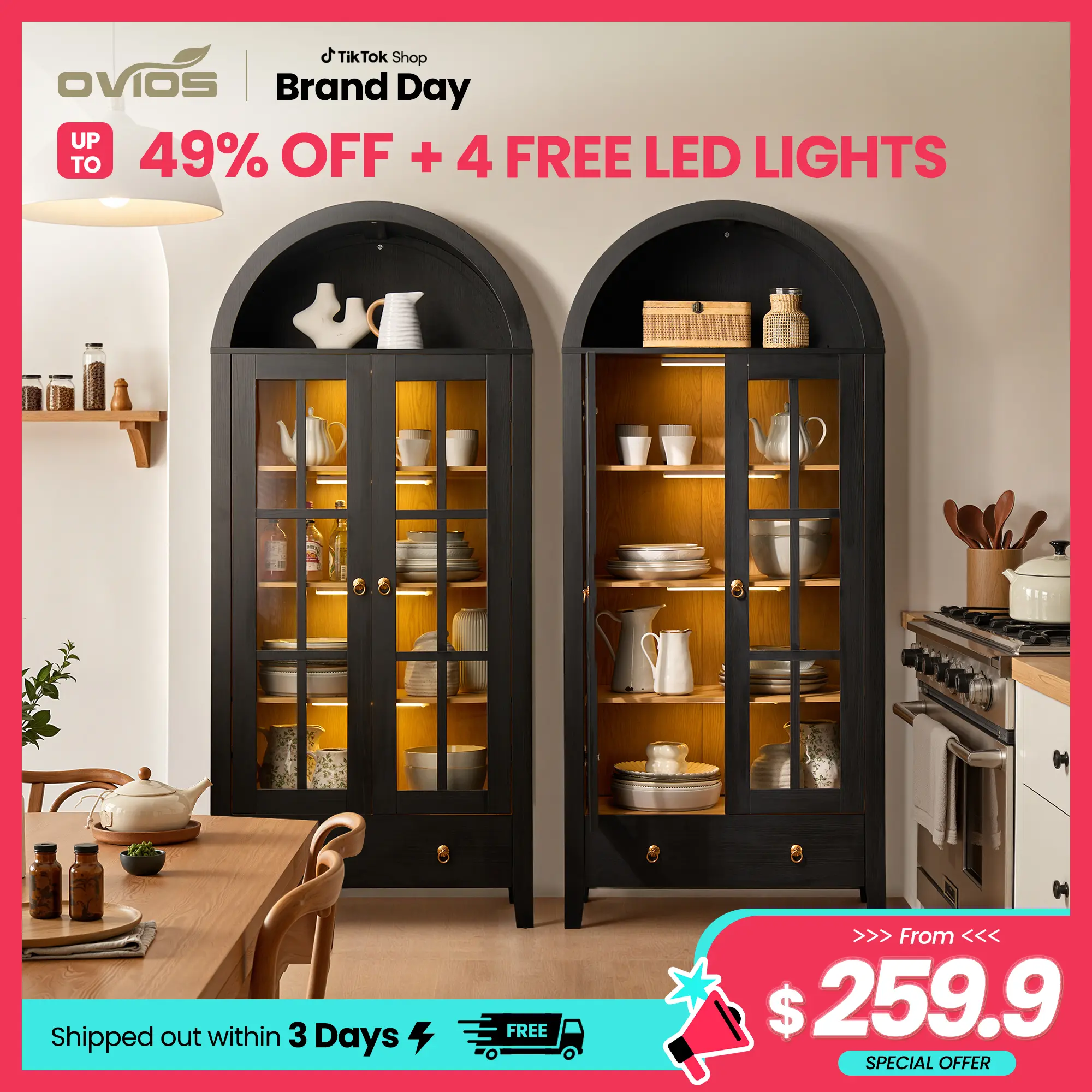 【Summerfinds】OVIOS 71" Tall Arched Kitchen Pantry Cabinet with Magnetic LED Lights, Modern Farmhouse Storage Cabinet with Glass Doors & Large Drawers for Kitchen, Dining Room, Living Room & Bathroom