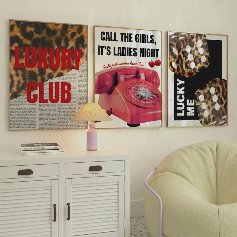 Set of 3 posters, Red Poster, Leopard wall art, Lucky me poster, Red Fashion Wall Art, Call the girls print, luxury club poster girly prints