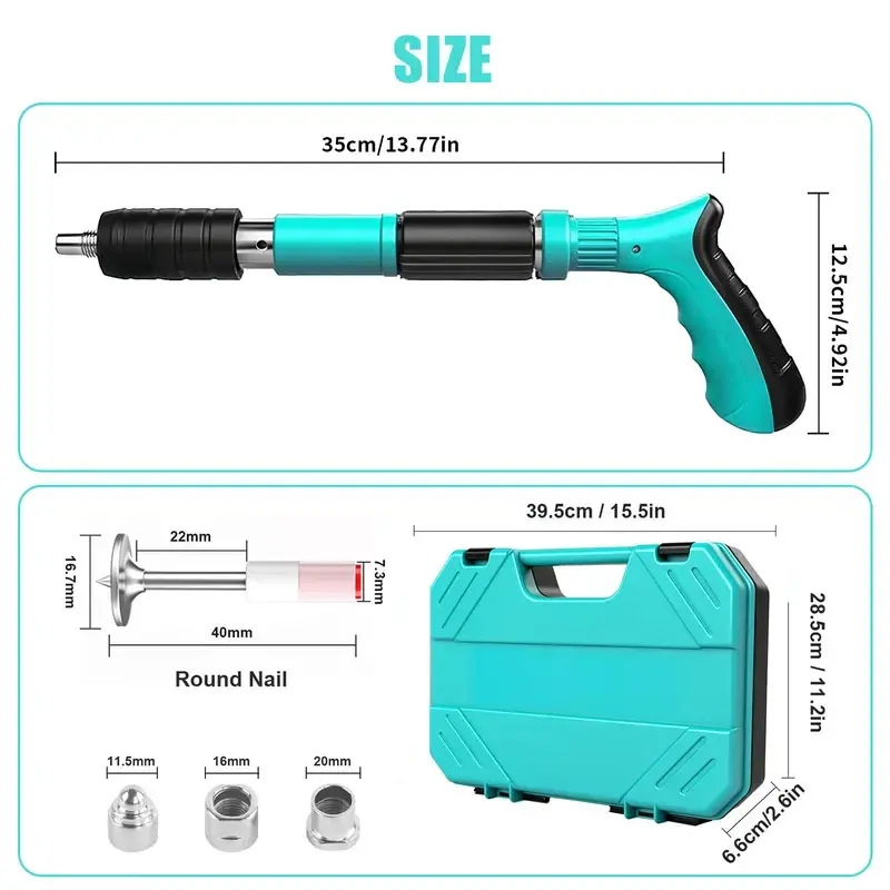 Integrated pneumatic nails meet the needs of woodworking decoration. The complete set of concrete nail guns comes with 50 or 100 steel nails,and the adjustable manual steel nail gun is specifically designed for wall fastening