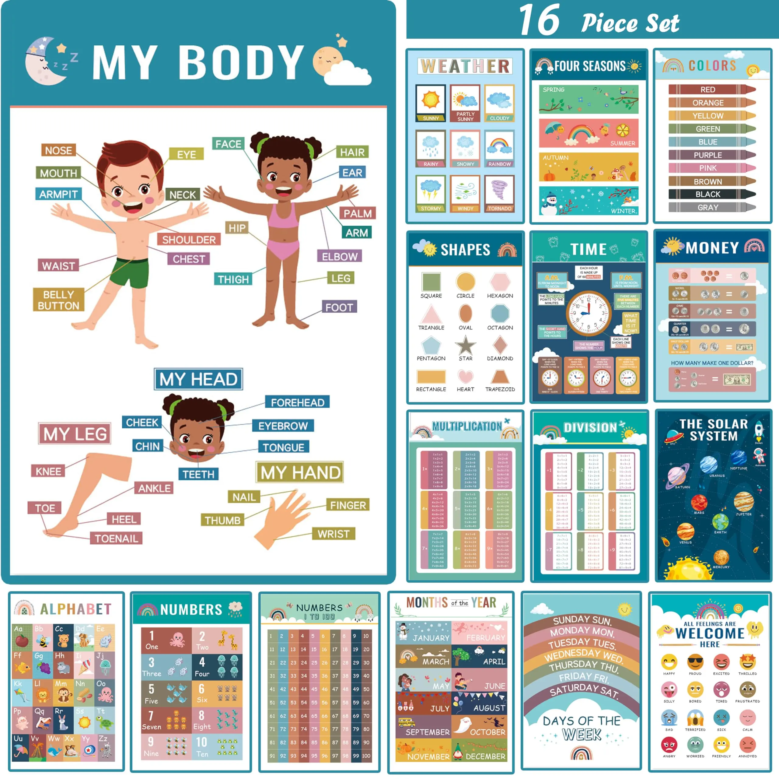 16-Piece Preschool Learning Charts Set - 11.5"×16" Rainbow Boho Wall Decor with Alphabet, Emotions, 2D & 3D Shapes, Seasons Visual Aids, Teaching Supplies for Toddlers Ages 1-5, After School Programs Tools, Back to School Gifts
