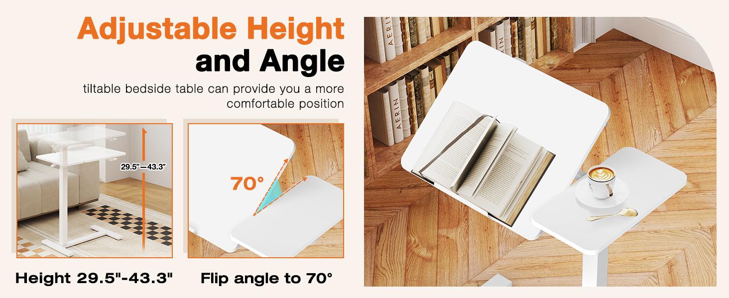 【Deal】Overbed Bedside Table with Wheels, Mobile Standing Stand Up Rolling Laptop PC, Adjustable Height Tray, Side Computer Workstation for Home Use