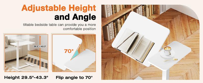 【Deal】Overbed Bedside Table with Wheels, Mobile Standing Stand Up Rolling Laptop PC, Adjustable Height Tray, Side Computer Workstation for Home Use