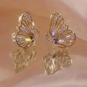 Delicate Hollow Butterfly Shaped Stud Earrings 18K Gold Plated zirconia Inlaid Elegant Cute Style Party Ear Decor Adorable Gifts